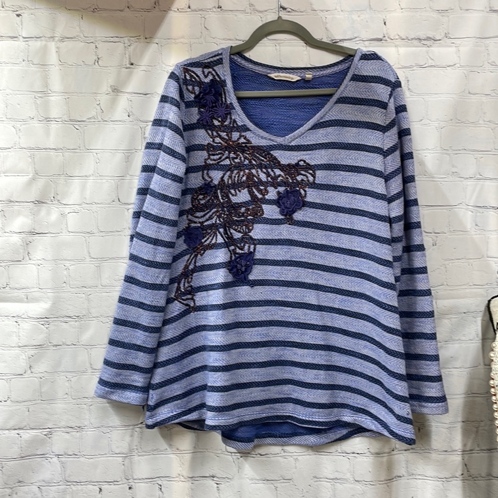 Soft Surroundings V-Neck striped embroidered floral XL top